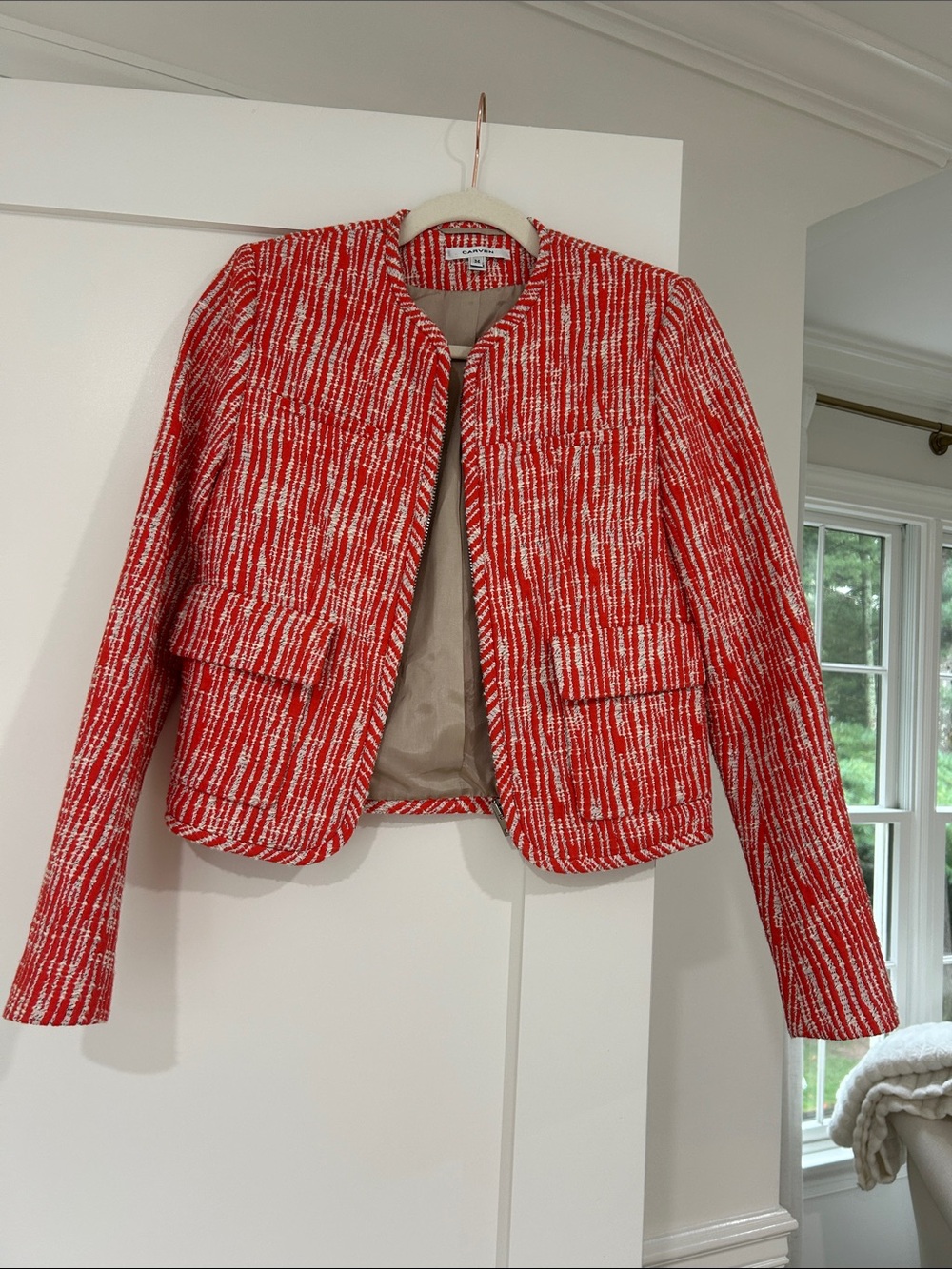Ted Baker Red and White Tweed Collarless Blazer